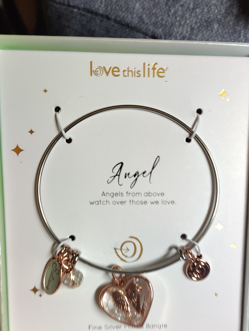 Silver & Rose Gold Angel Heart Charm Bangle